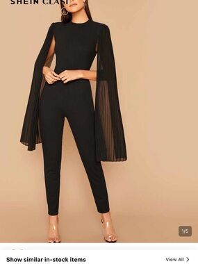 Black Pleated Sleeve Cape Jumpsuit